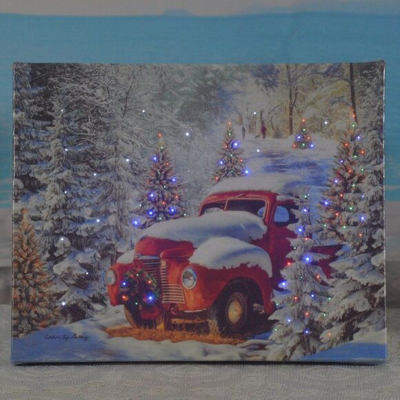 Other - Red Truck Canvas with Snow and Twinkling Lights New (See Video)